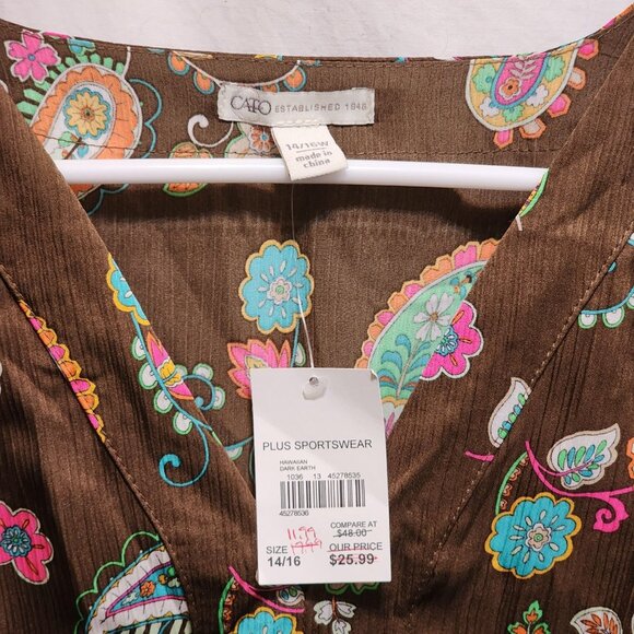 Cato Brown Paisley S/S V-Neck Top Bell Sleeve Plus 14/16W New - Picture 3 of 5